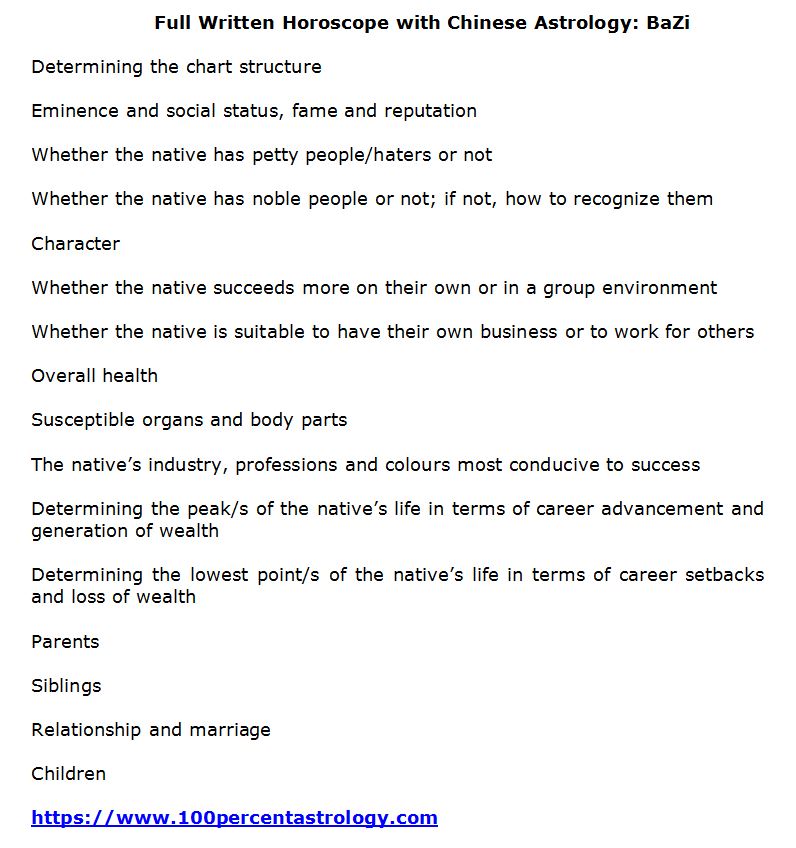 written horoscopes with Four Pillars of Destiny aka BaZi